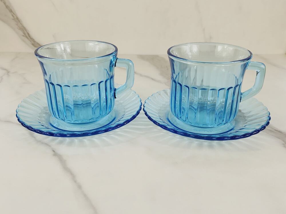 Fortecrisa Azure Ice Blue Glass Tea Cup Saucer 70's Interior Ribbed 3" Mexico x4